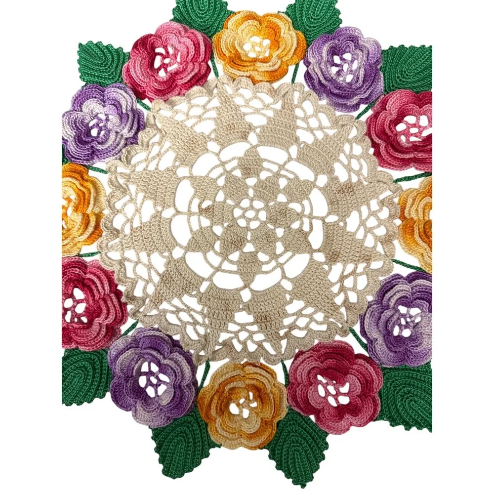Handmade Crochet Rose Posy Doily 12 Inch Floral Centerpiece Decor